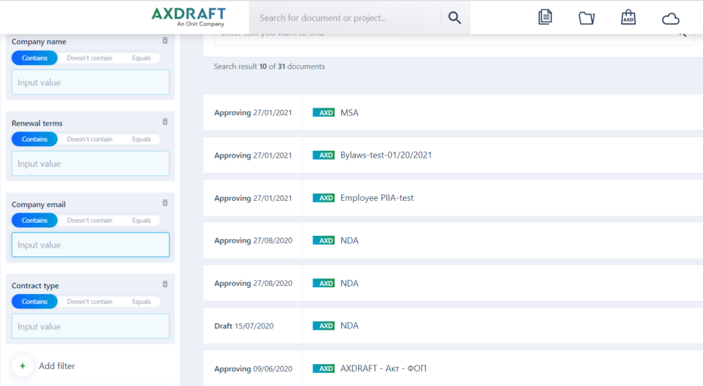 New filters in the filter section in AXDRAFT