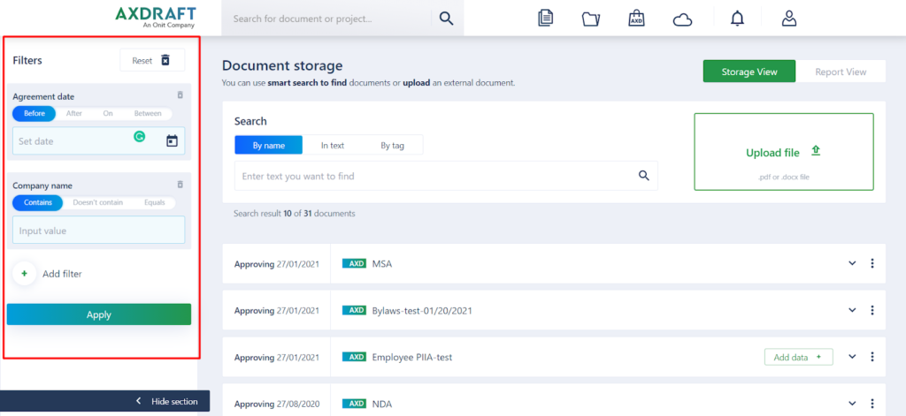 Document storage filters in AXDRAFT